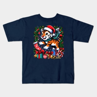 Festive Tiger in Santa's Hat for Christmas Kids T-Shirt